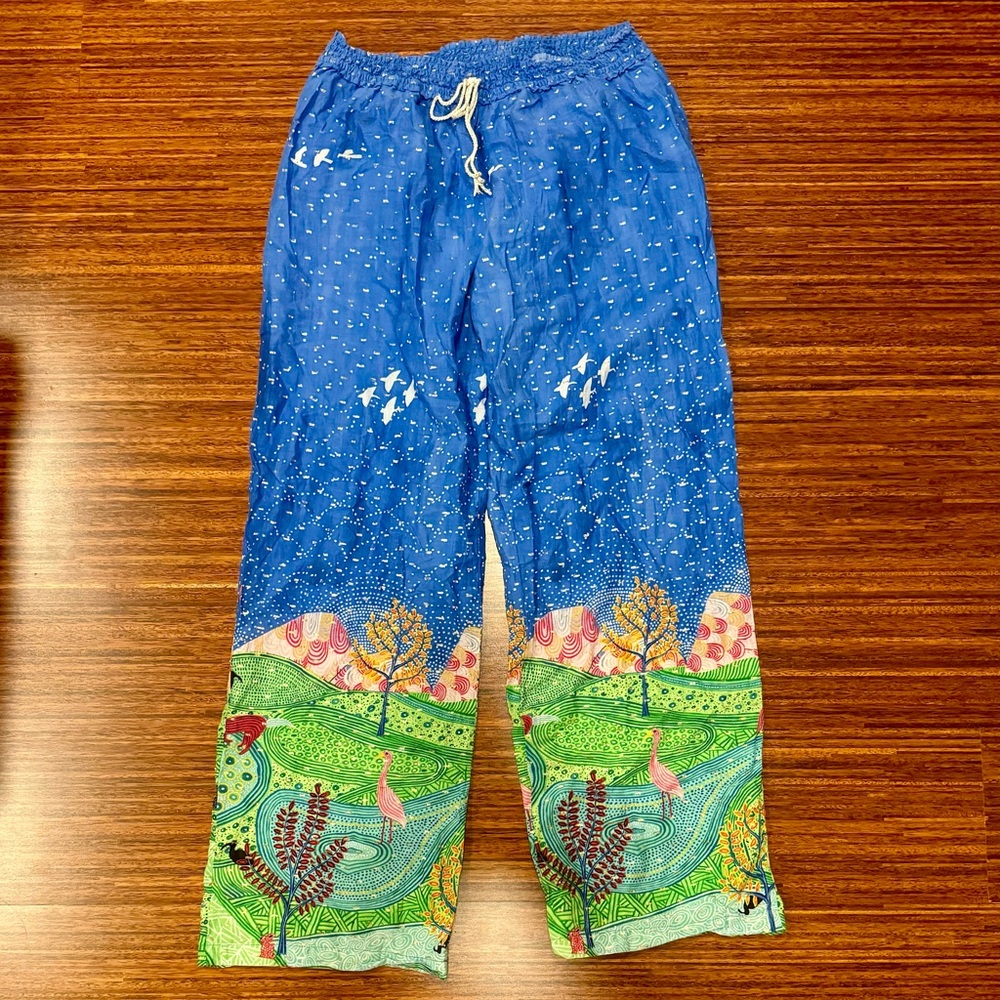 Anthropologie Eloise cotton linen pants colorful print large drawstring pants